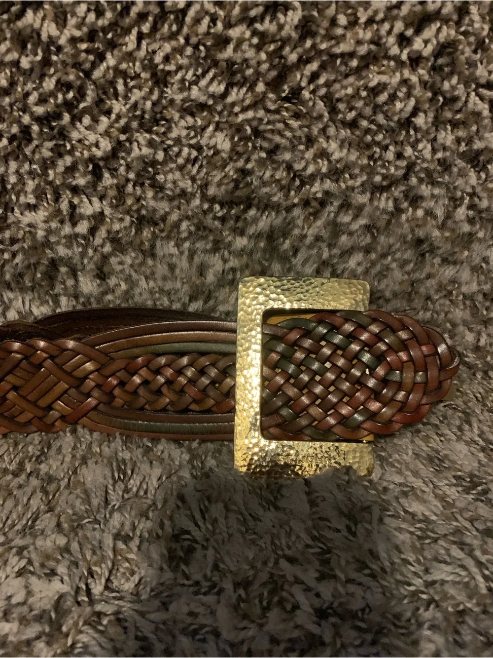 St. John Yellow Leather Tab Belt with Braided Brown Strap and Gold Buckle